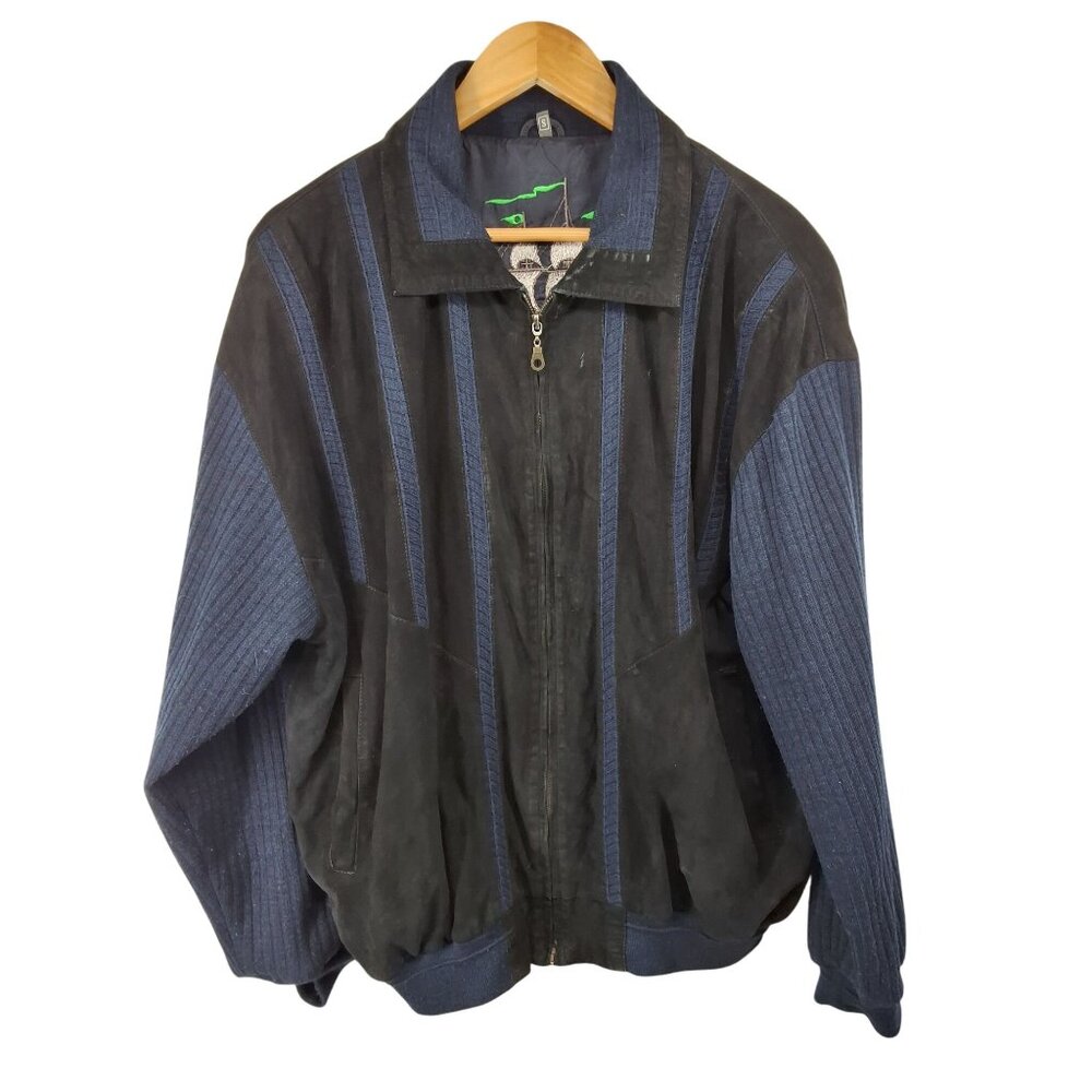 Vintage Suede Two-Tone Bomber Jacket Embroidered Ship Small Men‎